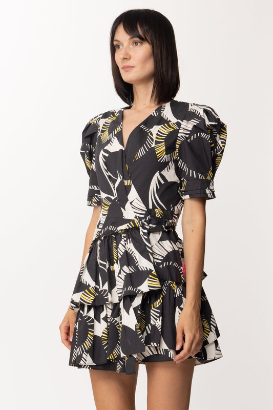 Twin-set Abito a Portafoglio con Stampa e Balze 221AT2442 LEAVES CHANTILLY/NERO