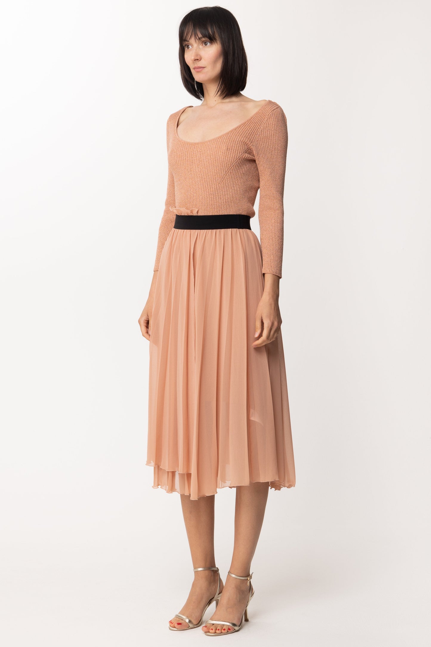 Patrizia Pepe Abito In Maglia con Gonna Plissè 2A2078 LIGHT HENNA LUREX