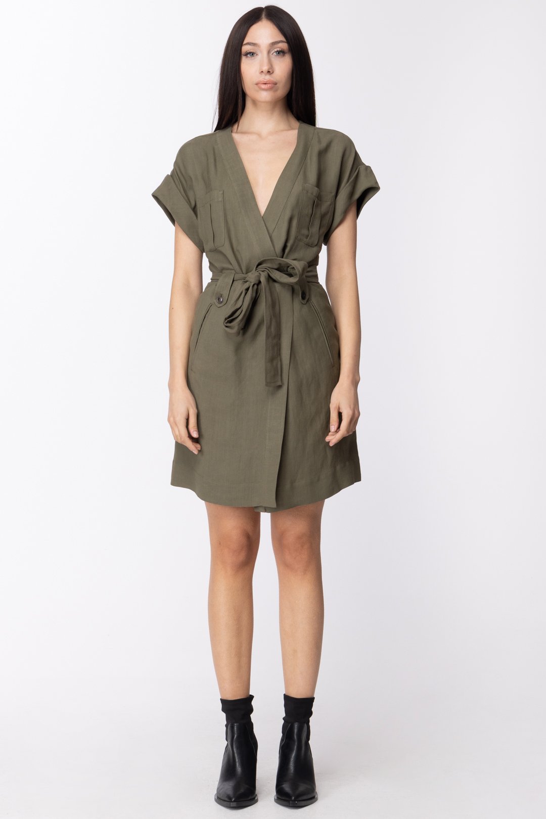 Twin-set Abito In Canvas con Maniche Kimono e Fusciacca 211TT2581 VERDE ALPINO