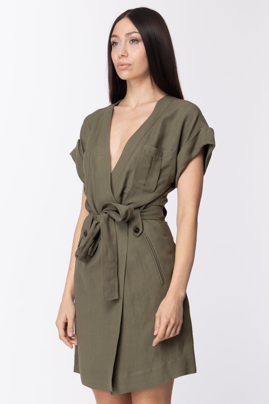 Twin-set Abito In Canvas con Maniche Kimono e Fusciacca 211TT2581 VERDE ALPINO