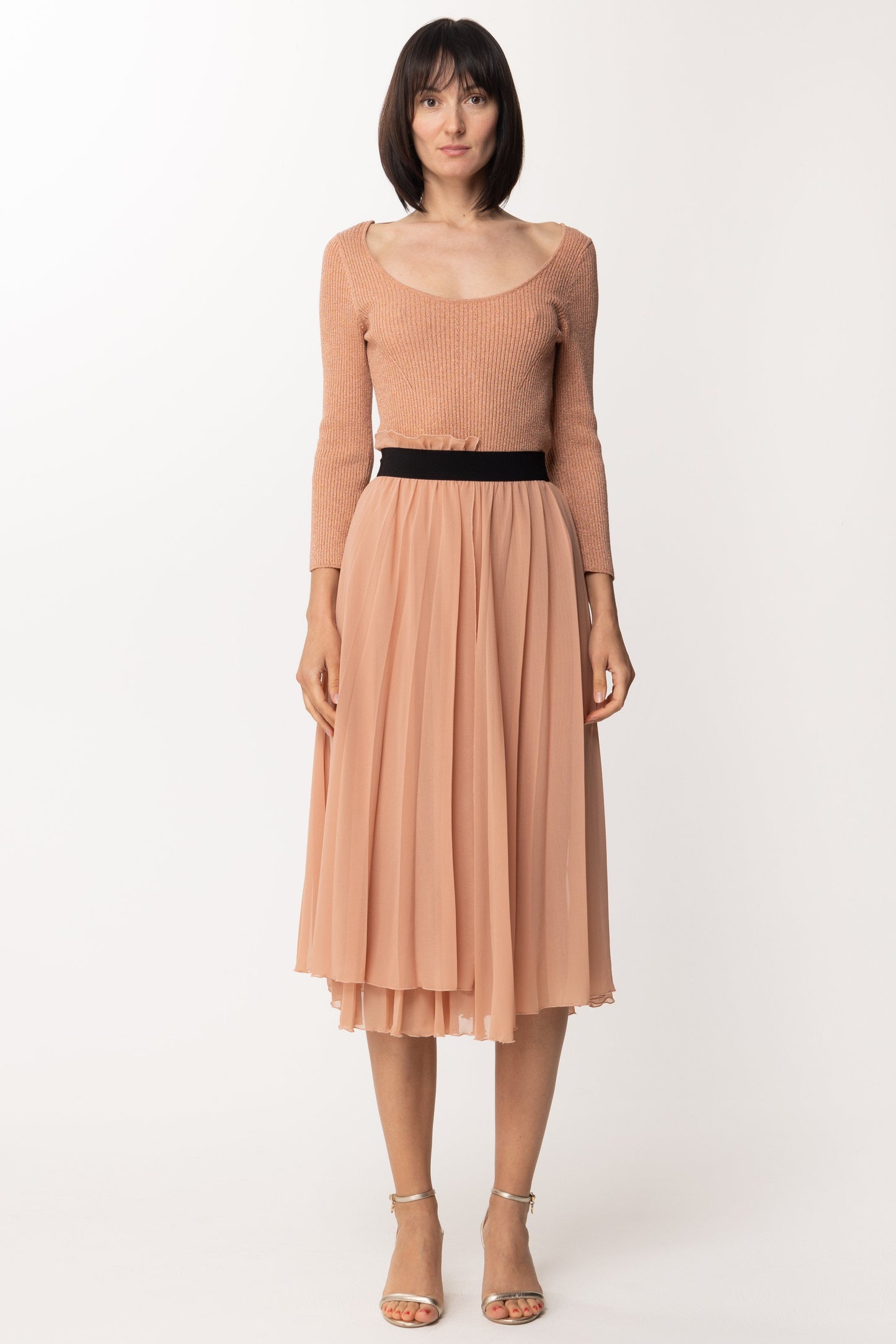 Patrizia Pepe Abito In Maglia con Gonna Plissè 2A2078 LIGHT HENNA LUREX