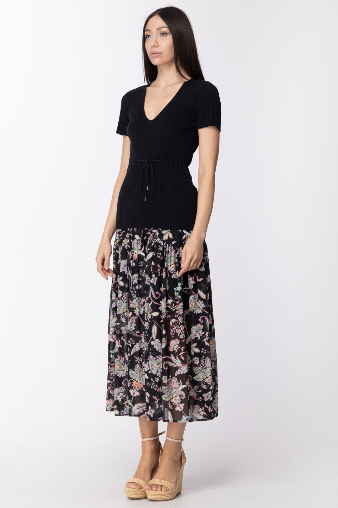 Twin-set Abito Longuette con Gonna a Fantasia 211TT3081 BIC.NERO/ST.FIORE INDIANO NERO