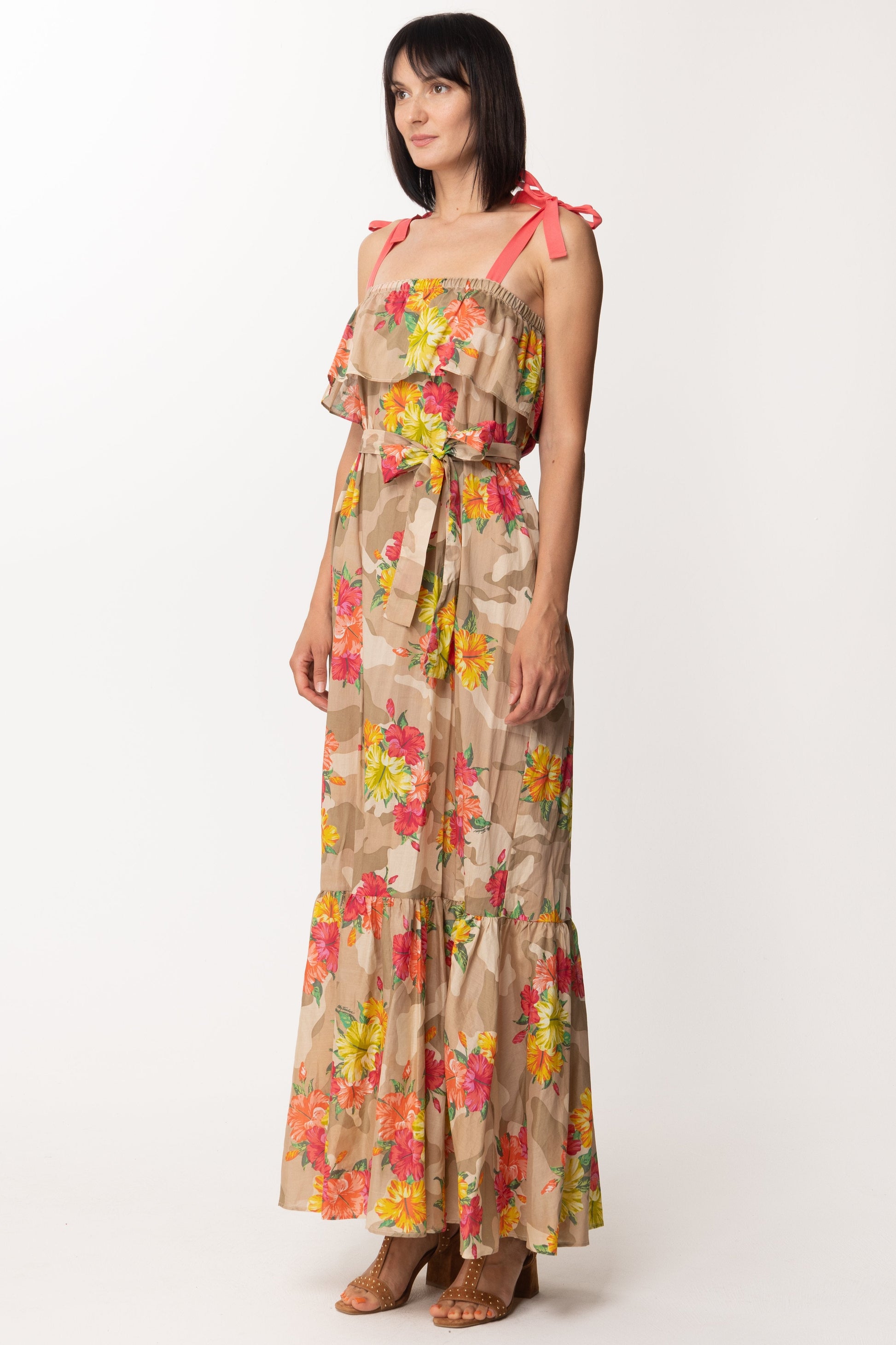 Twin-set Abito Lungo a Fiori con Volant e Fiocchetti 201MT2380 ST.HIBISCUS MULTICOLOR