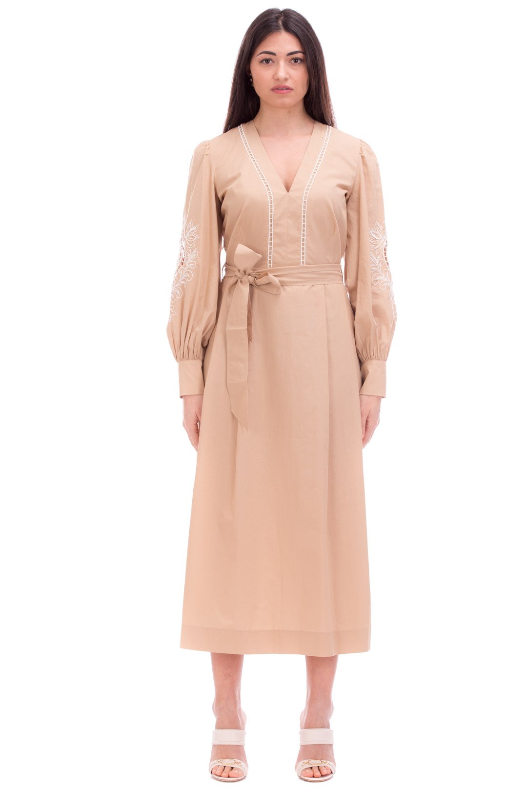 Twin-set Abito Lungo In Mussola con Ricami e Cintura 221TP2600 CUBAN SAND