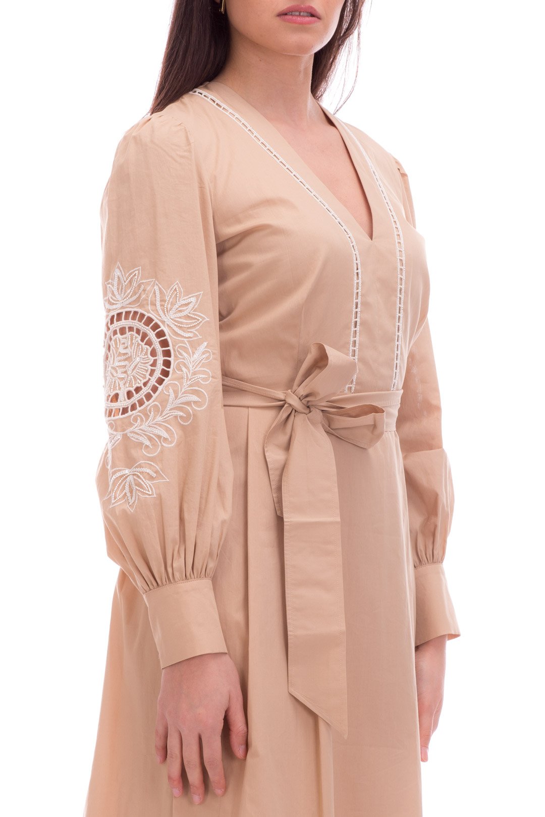 Twin-set Abito Lungo In Mussola con Ricami e Cintura 221TP2600 CUBAN SAND
