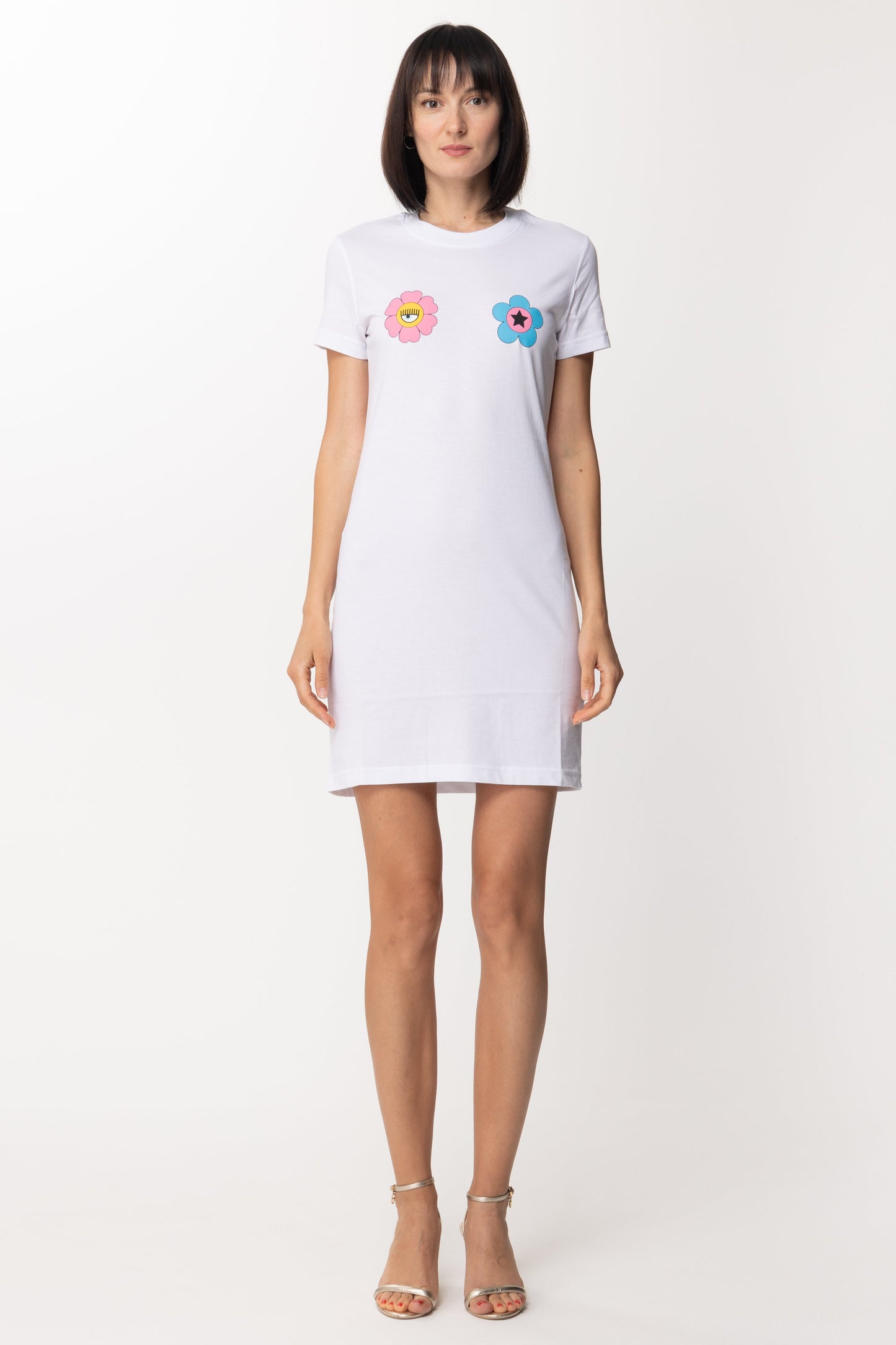 Chiara Ferragni Abito T-shirt Mini con Fiori Sul Petto 72CBOT03 WHITE
