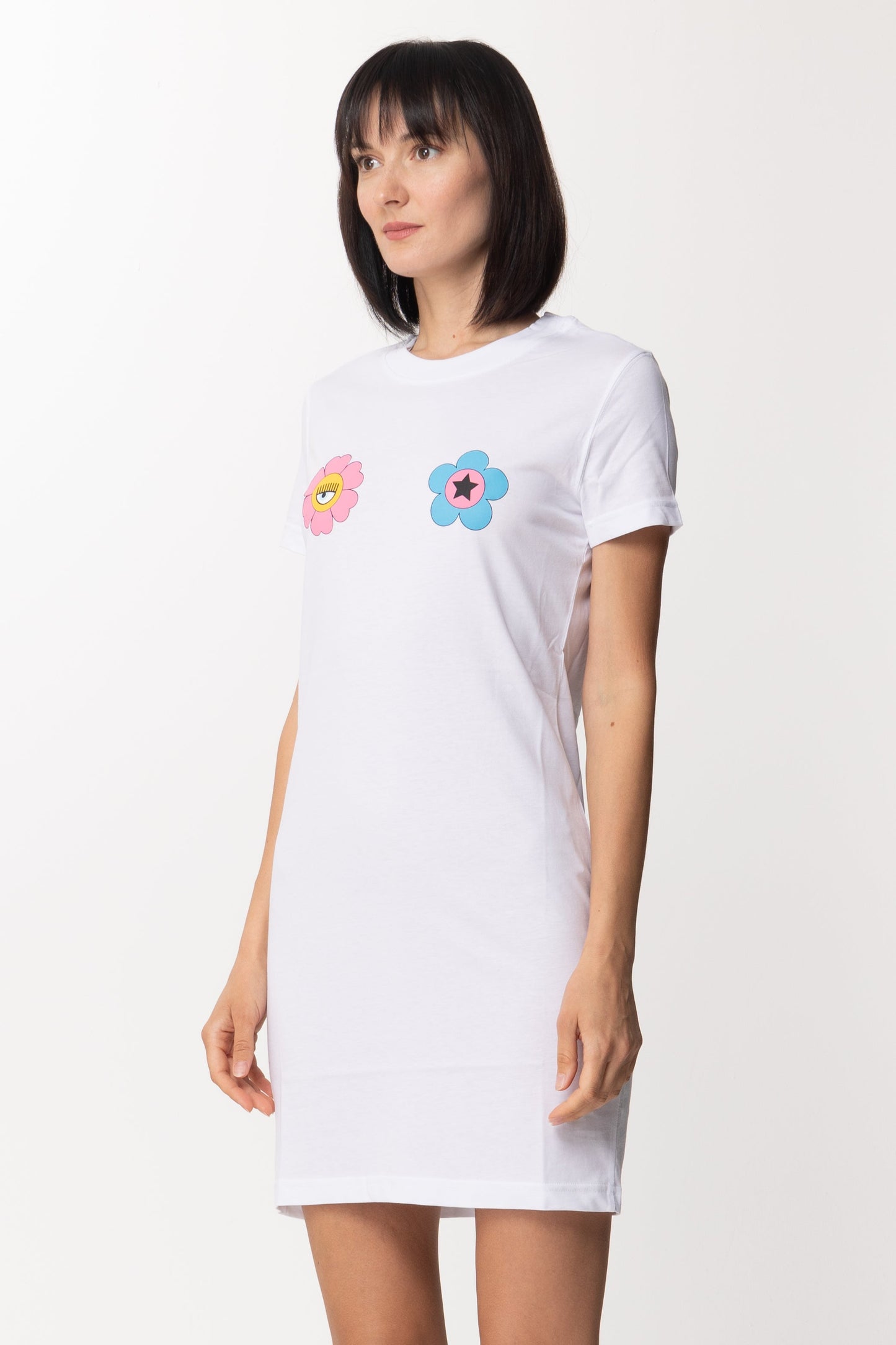 Chiara Ferragni Abito T-shirt Mini con Fiori Sul Petto 72CBOT03 WHITE