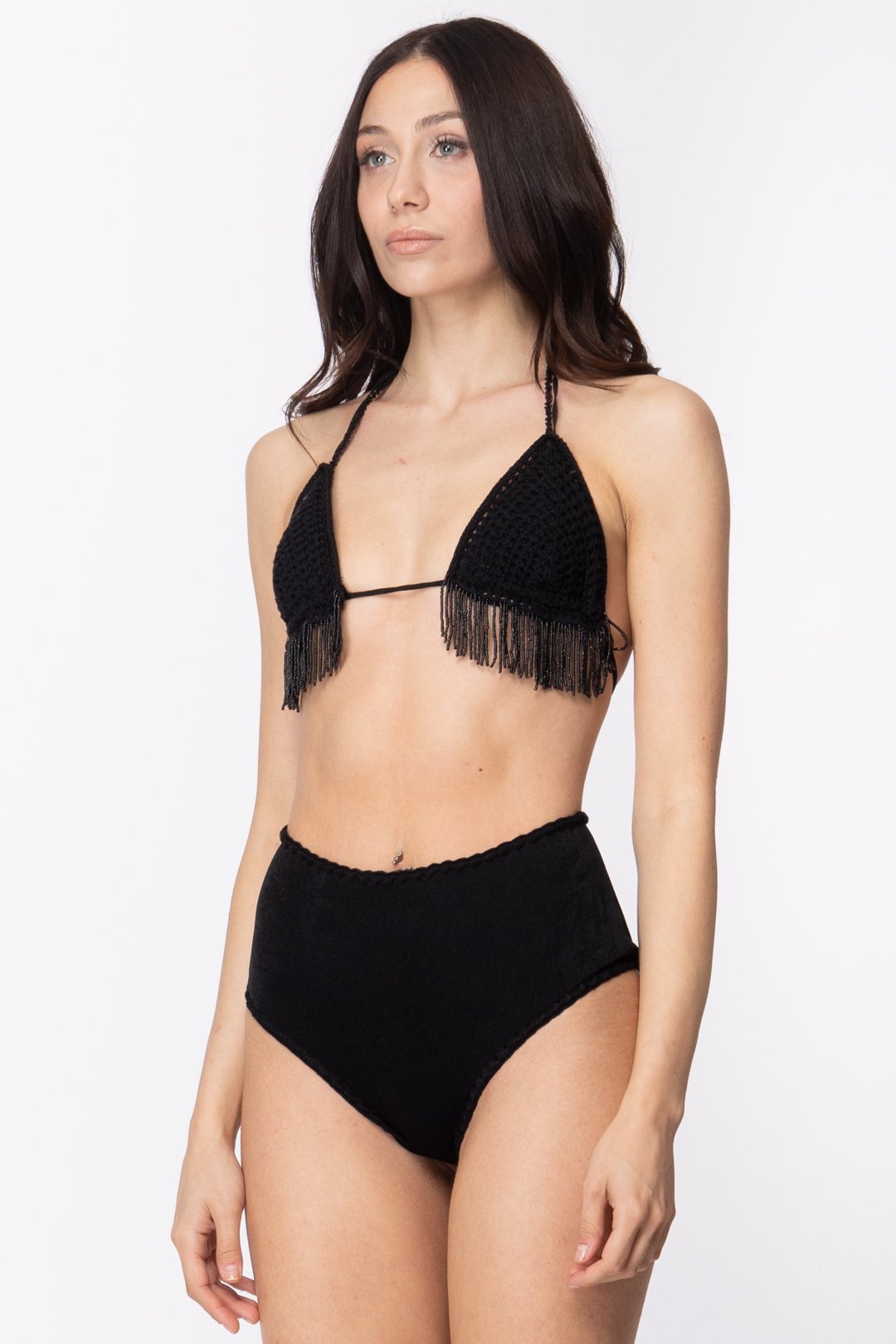 Me Fui Bikini Top Tricot con Frange e Slip Retrò M21-0051NR NERO