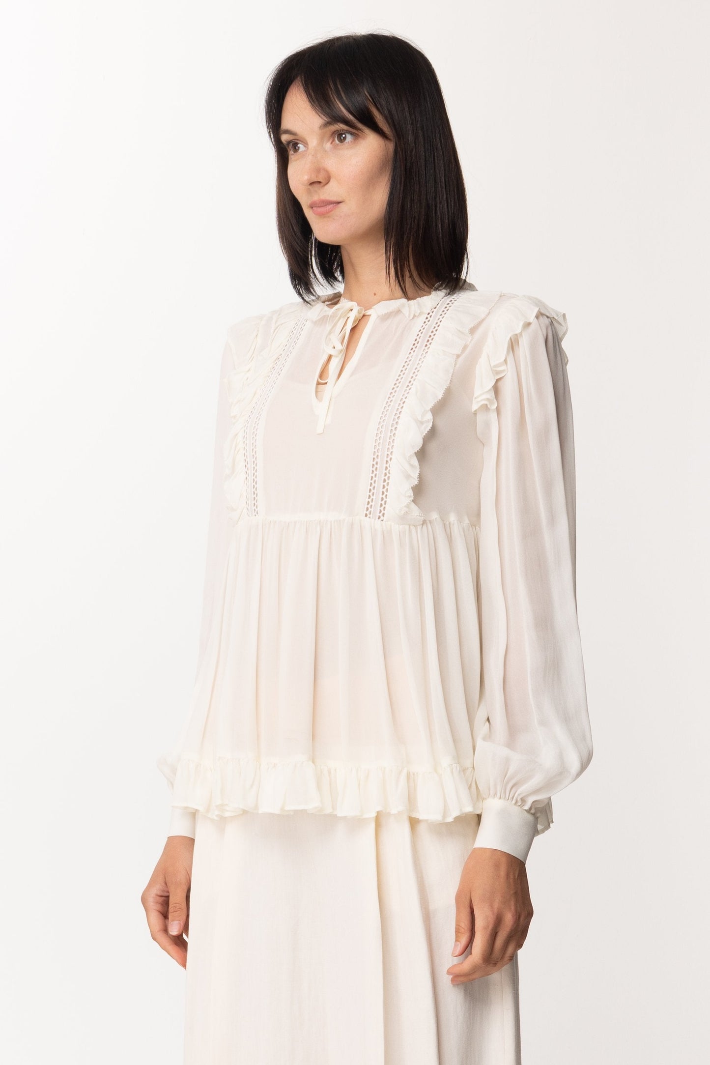 Twin-set Blusa In Georgette con Rouches e Pizzo 201TT2351 NEVE