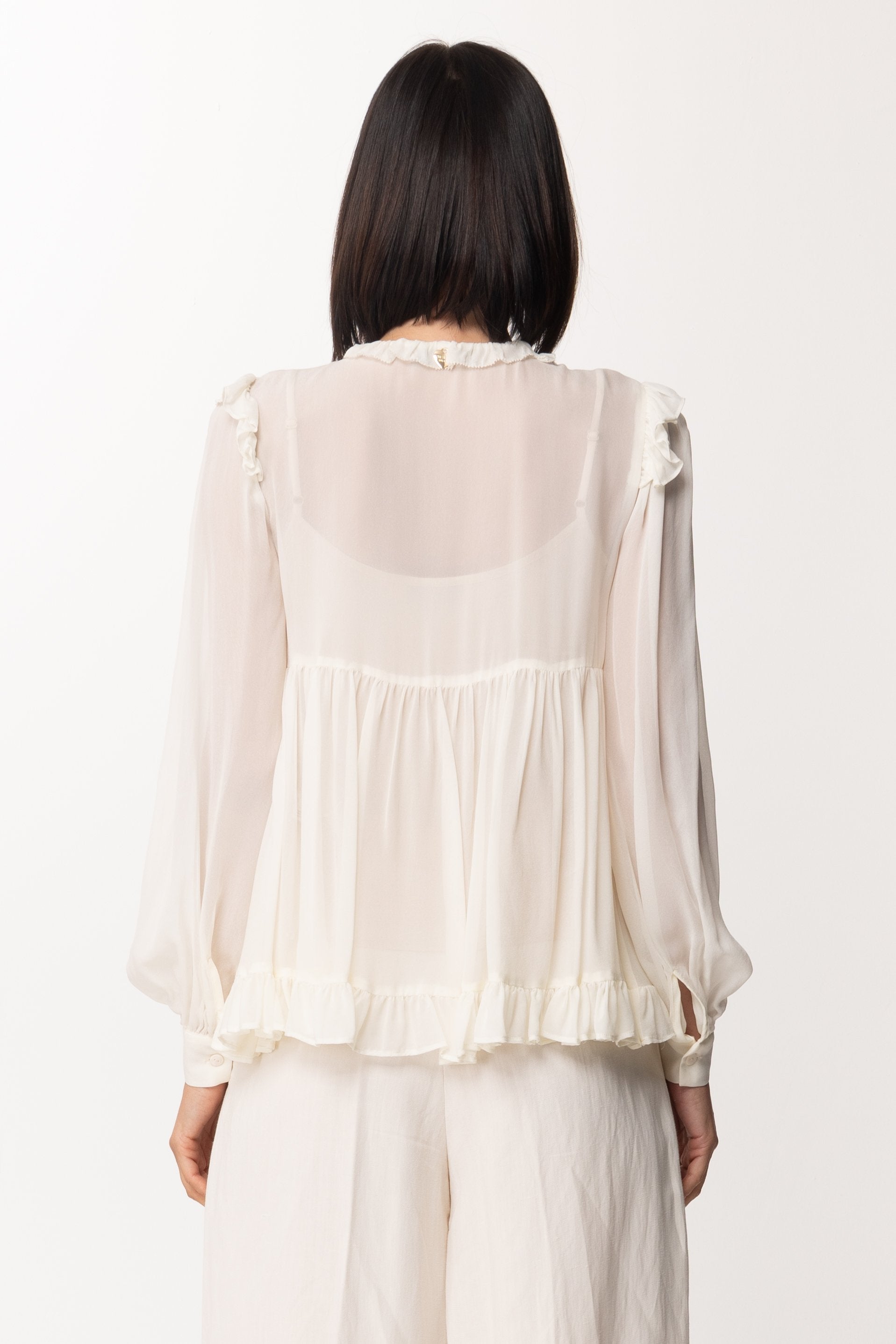 Twin-set Blusa In Georgette con Rouches e Pizzo 201TT2351 NEVE