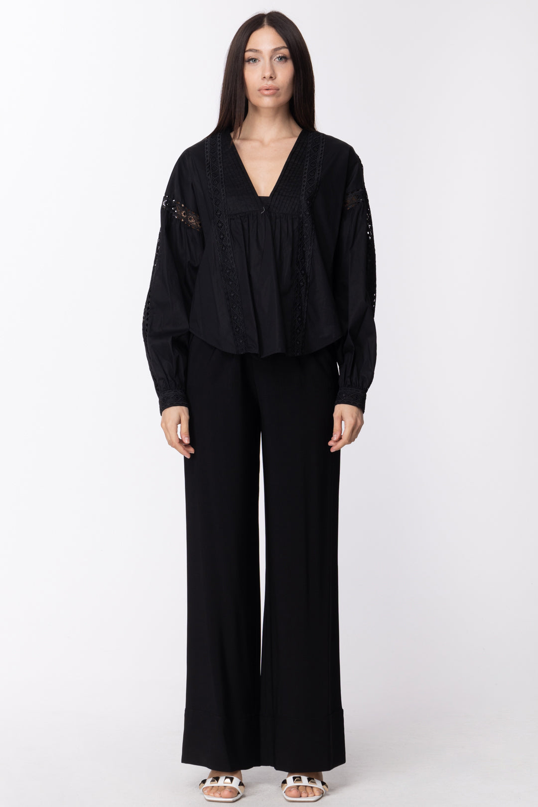 Twin-set Blusa In Popeline con Dettagli In Pizzo 211TT2463 NERO