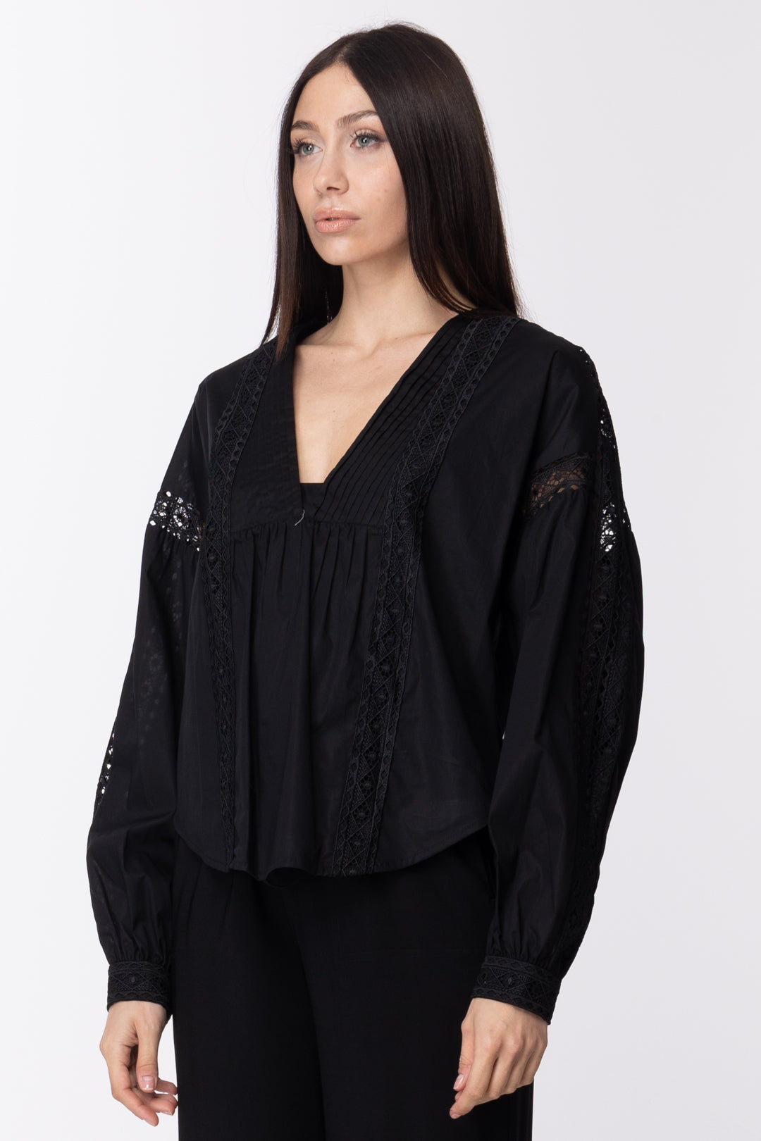 Twin-set Blusa In Popeline con Dettagli In Pizzo 211TT2463 NERO