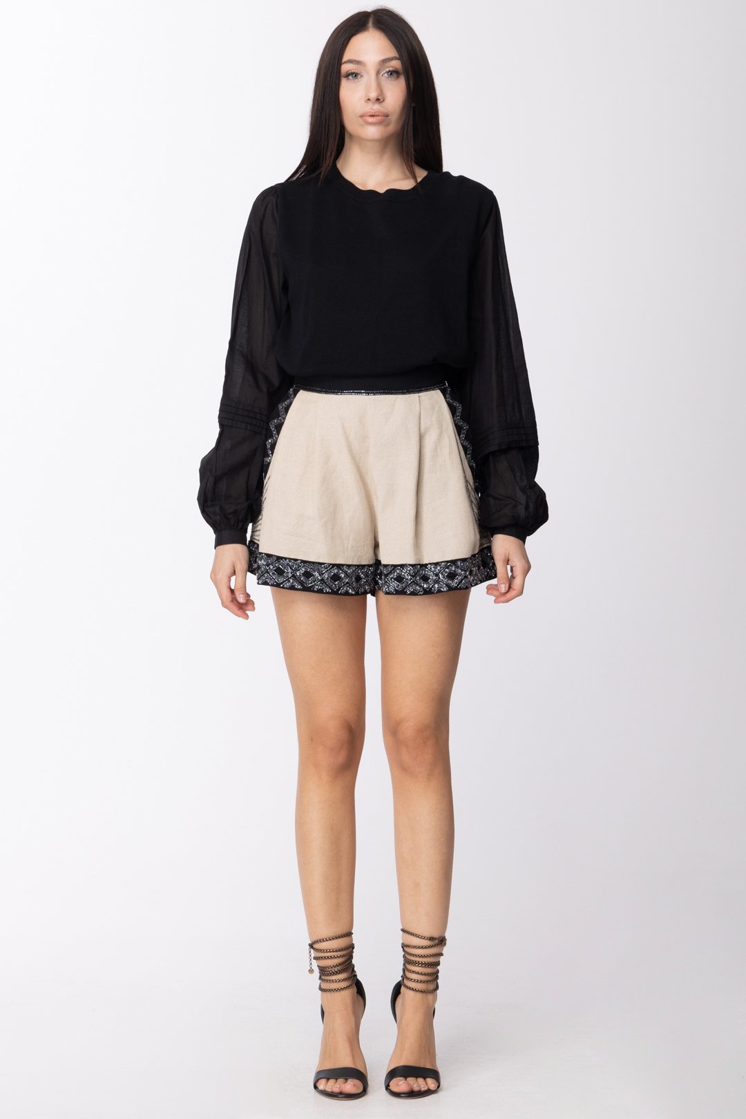 Twin-set Camicia In Mussola con Inserto Maglia In Misto Lino 211TT3150 NERO