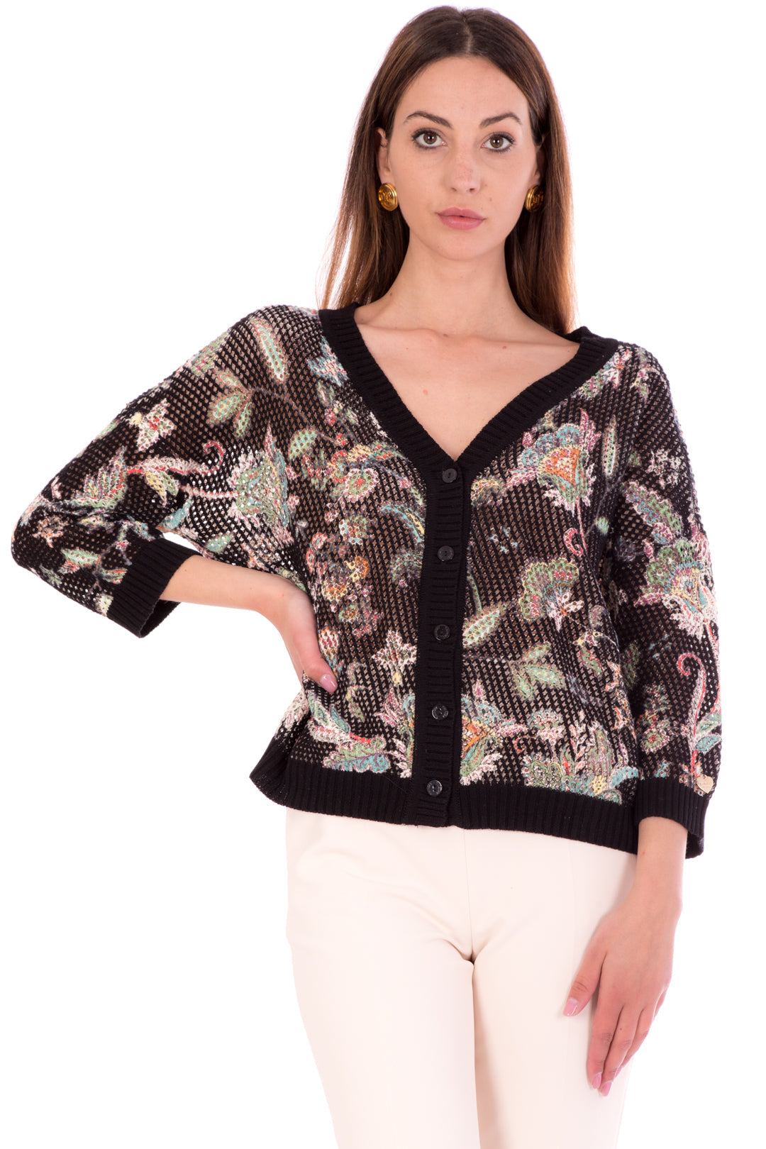 Twin-set Cardigan In Punto Rete Stampa Floreale 211TT3141 ST.FIORE INDIANO NERO