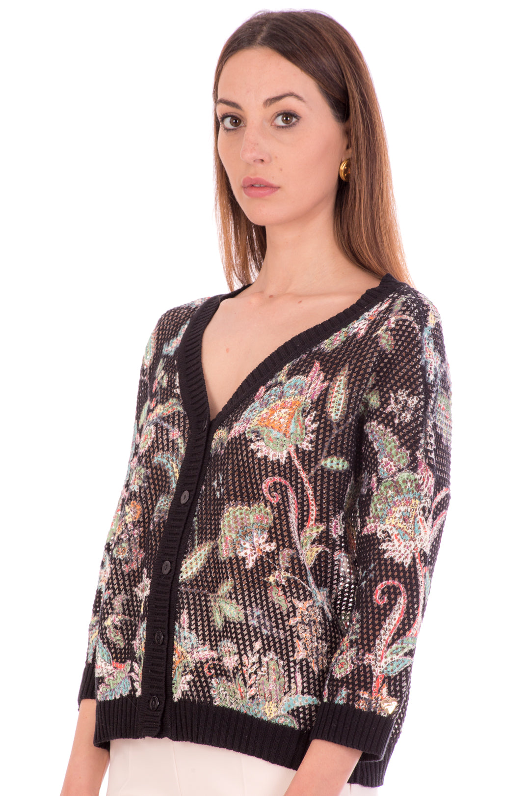 Twin-set Cardigan In Punto Rete Stampa Floreale 211TT3141 ST.FIORE INDIANO NERO