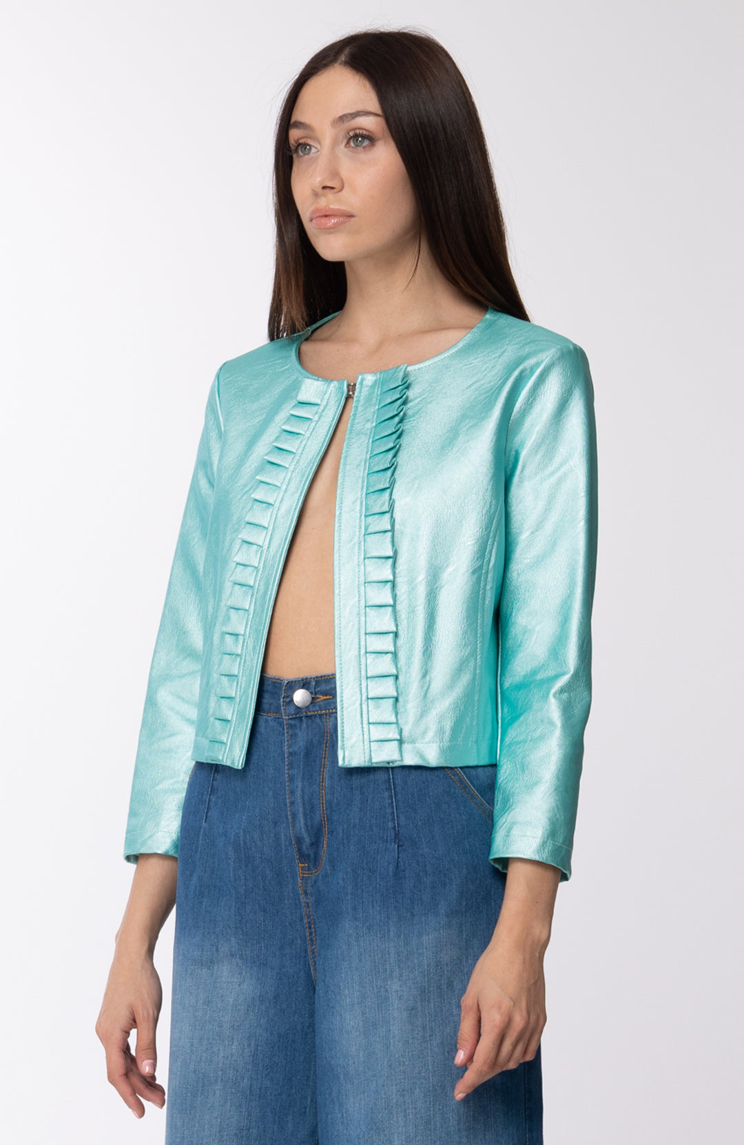 Motel Giacca Corta In Ecopelle con Rouches 19311LEC ACQUA