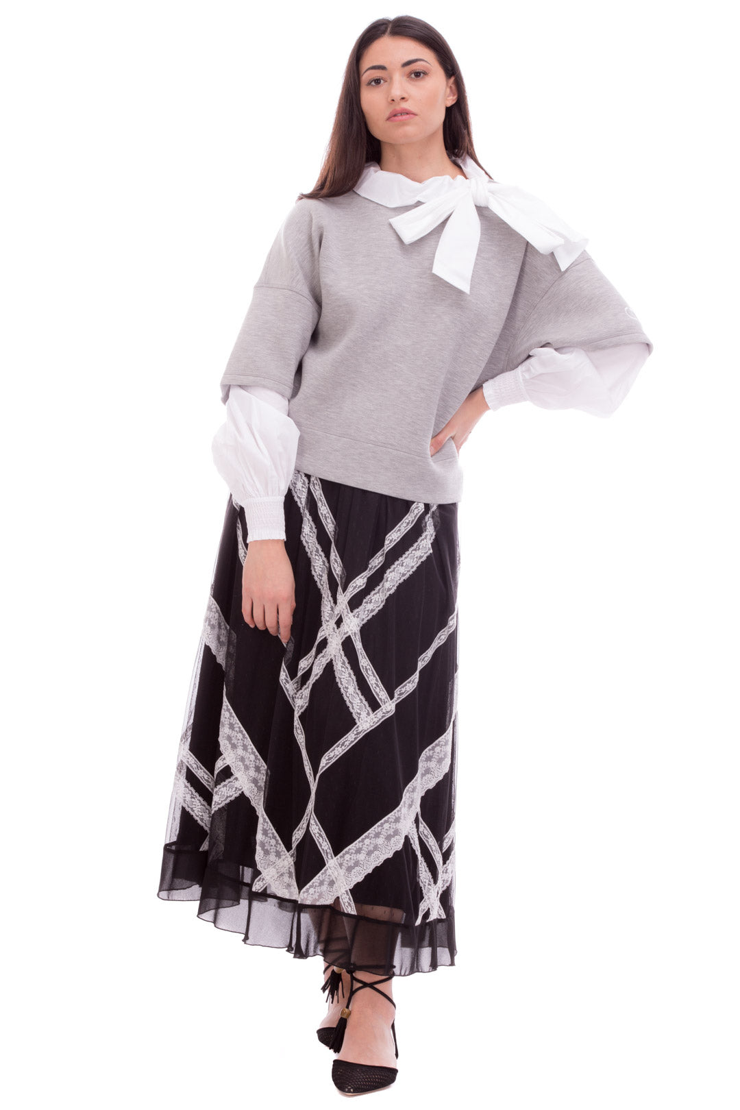 Twin-set Gonna Lunga con Pizzi a Contrasto 221TP2173 BIC.NERO/NEVE