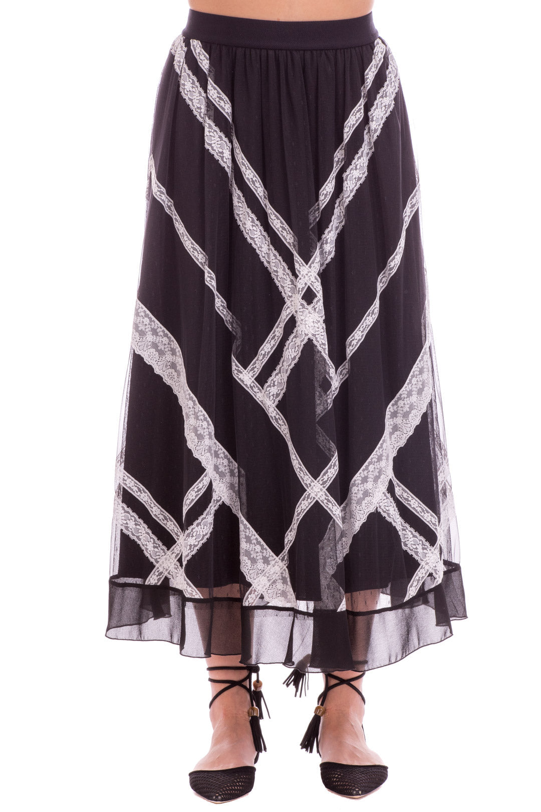 Twin-set Gonna Lunga con Pizzi a Contrasto 221TP2173 BIC.NERO/NEVE