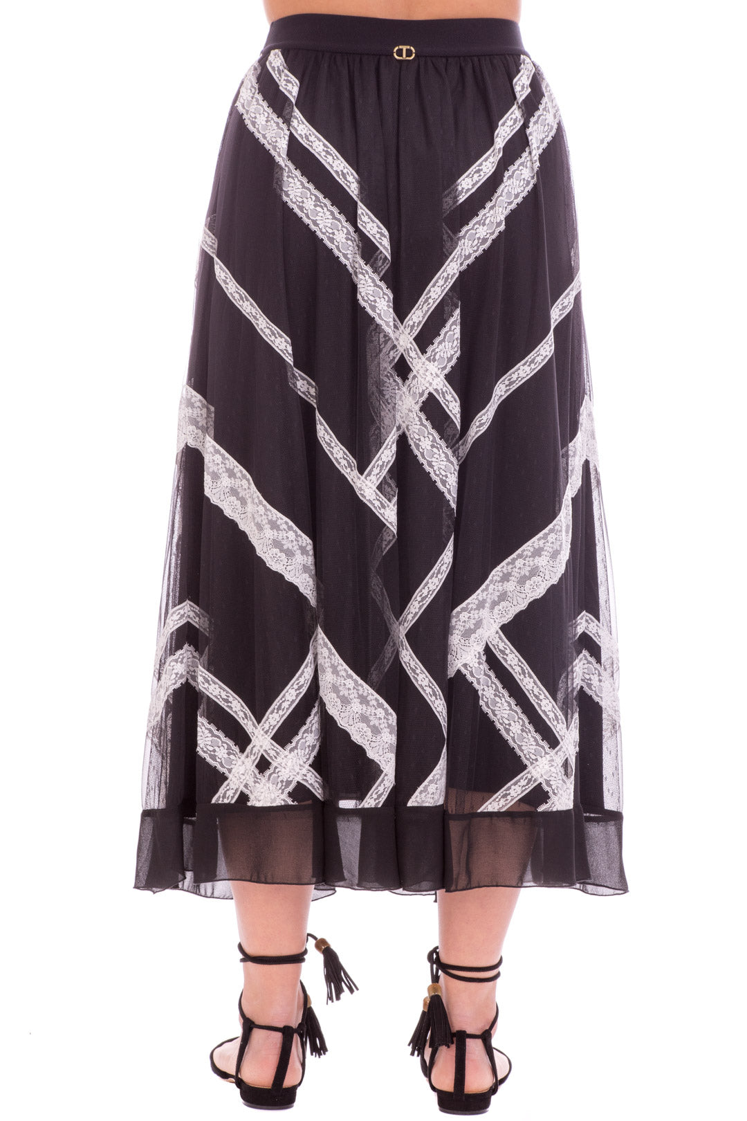 Twin-set Gonna Lunga con Pizzi a Contrasto 221TP2173 BIC.NERO/NEVE