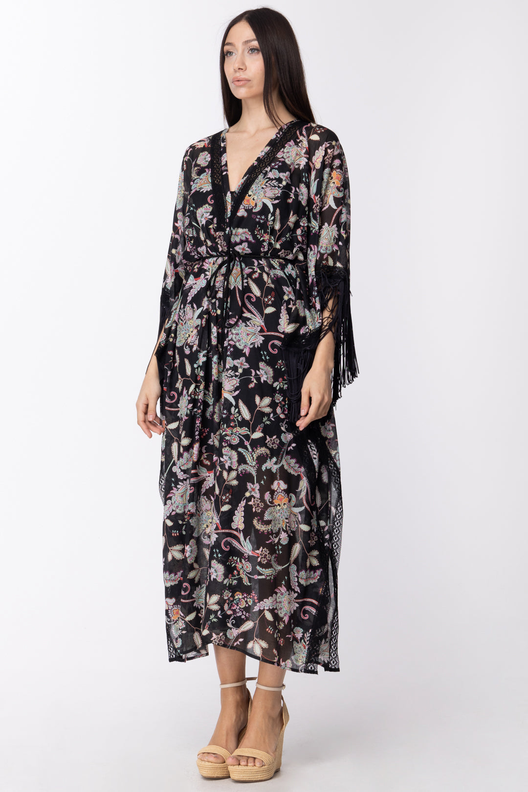 Twin-set Kaftano Stampato con Frange e Sottoveste 211TT2683 ST.FIORE INDIANO NERO