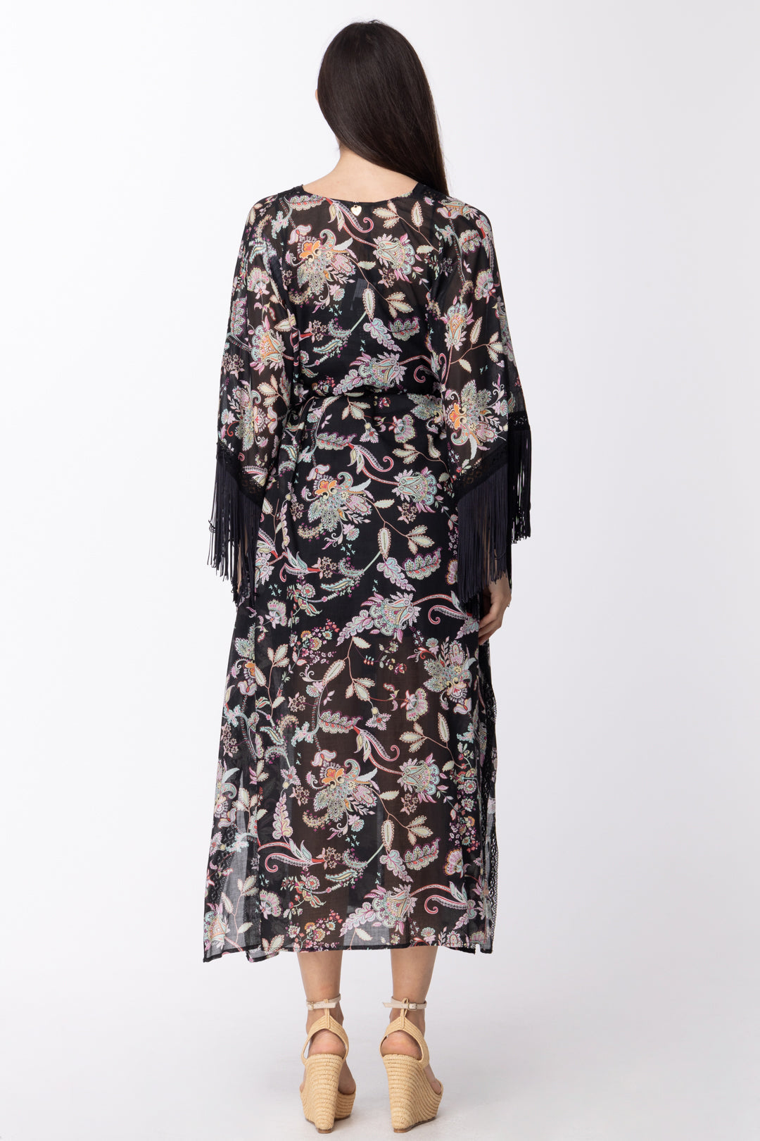 Twin-set Kaftano Stampato con Frange e Sottoveste 211TT2683 ST.FIORE INDIANO NERO