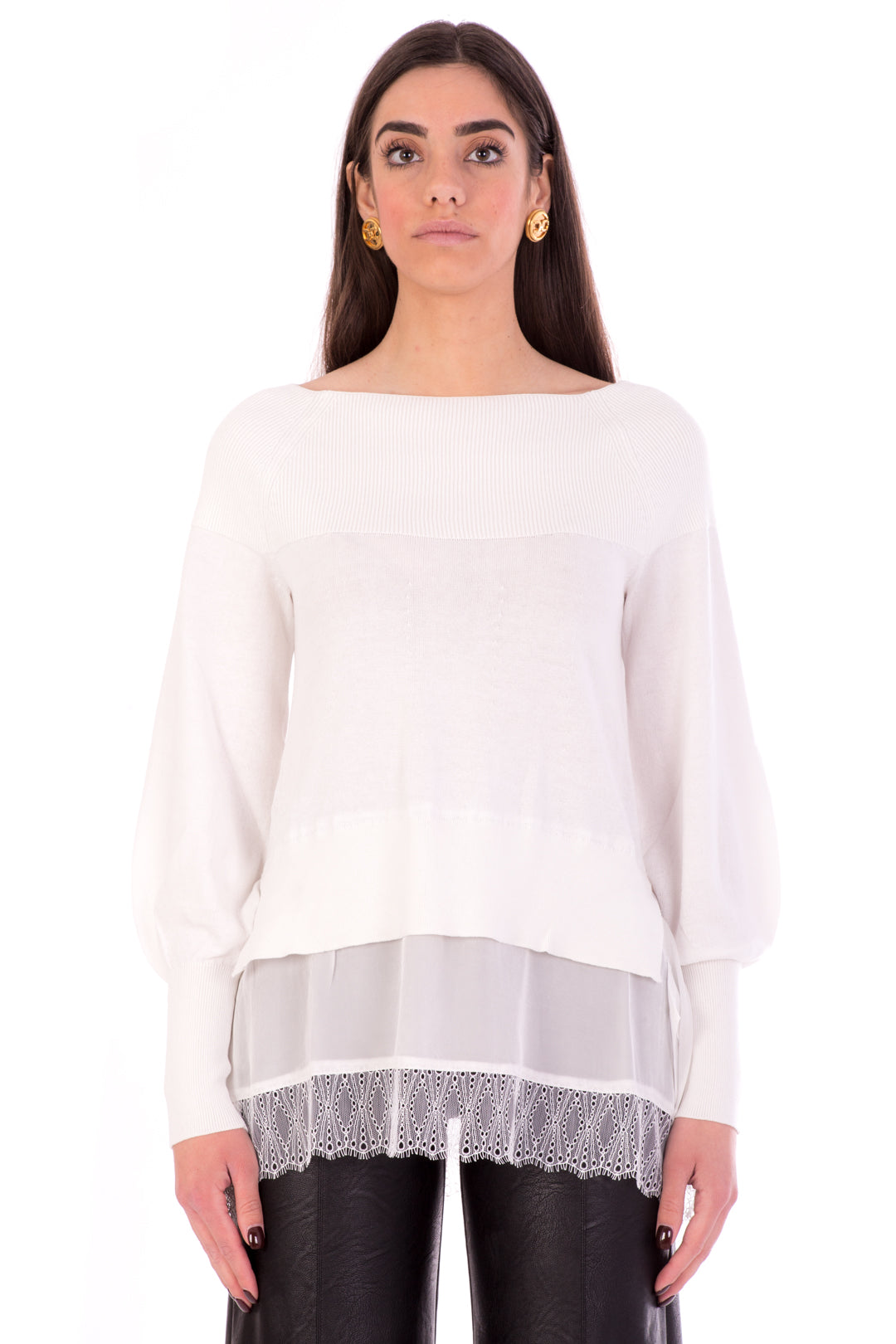 Twin-set Maglia Scollo a Barca con Balza In Pizzo 211TT3191 NEVE