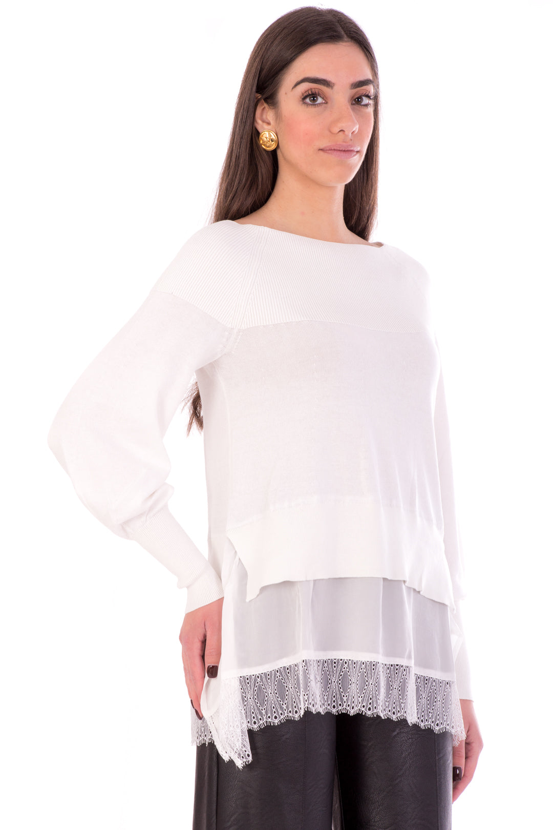 Twin-set Maglia Scollo a Barca con Balza In Pizzo 211TT3191 NEVE