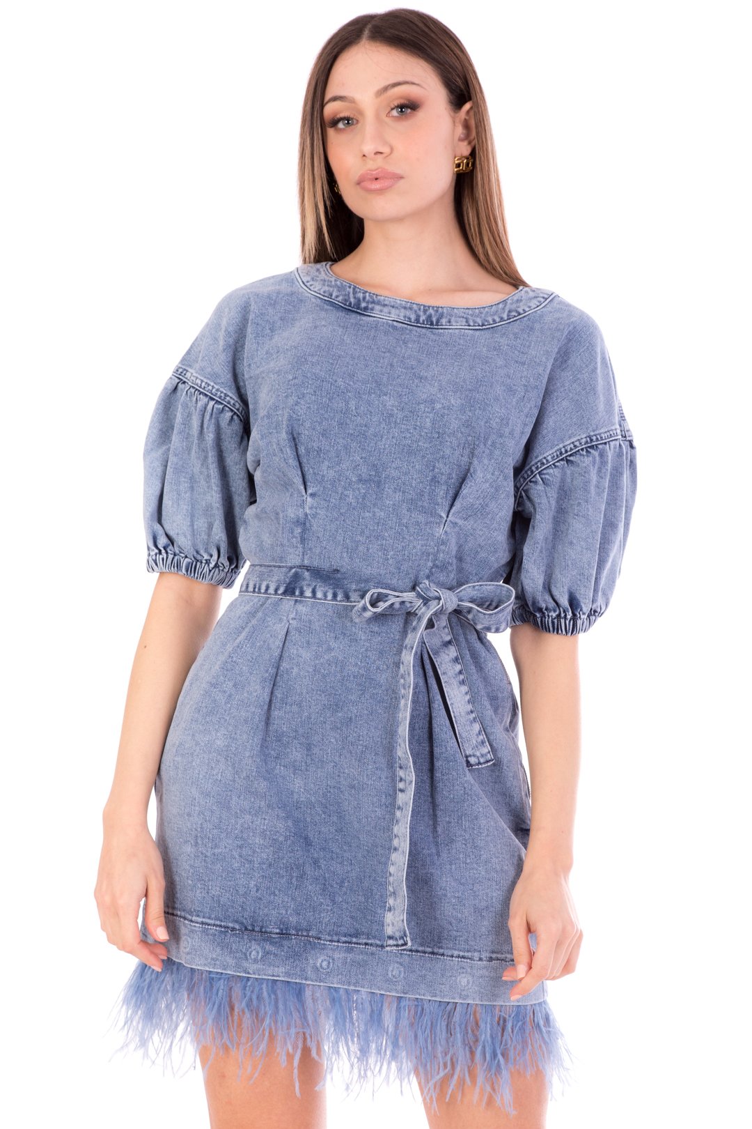 Twin-set Mini Abito In Jeans con Piumette e Fusciacca 211TT2360 DENIM OCEANO