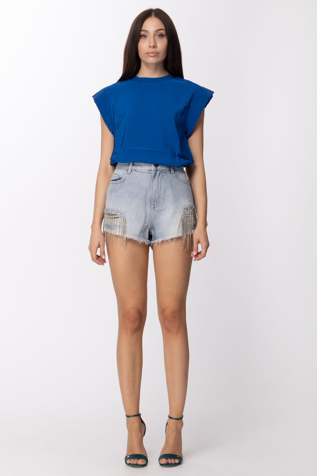 Twin-set Shorts In Jeans con Frange In Strass 211TT2381 DENIM