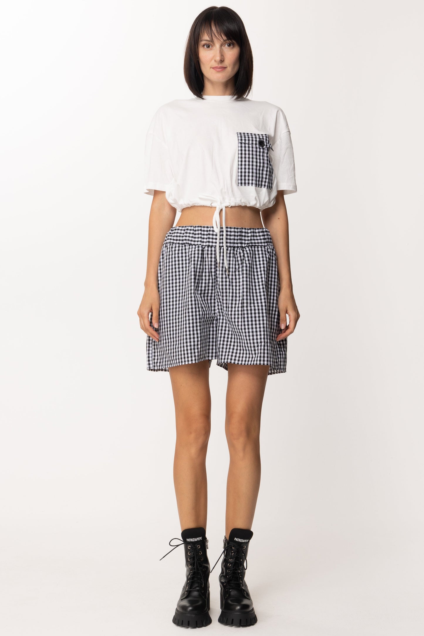 Twin-set Shorts Stampa Vichy In Popeline 221AT2444 BIC.OFF WHITE/NERO