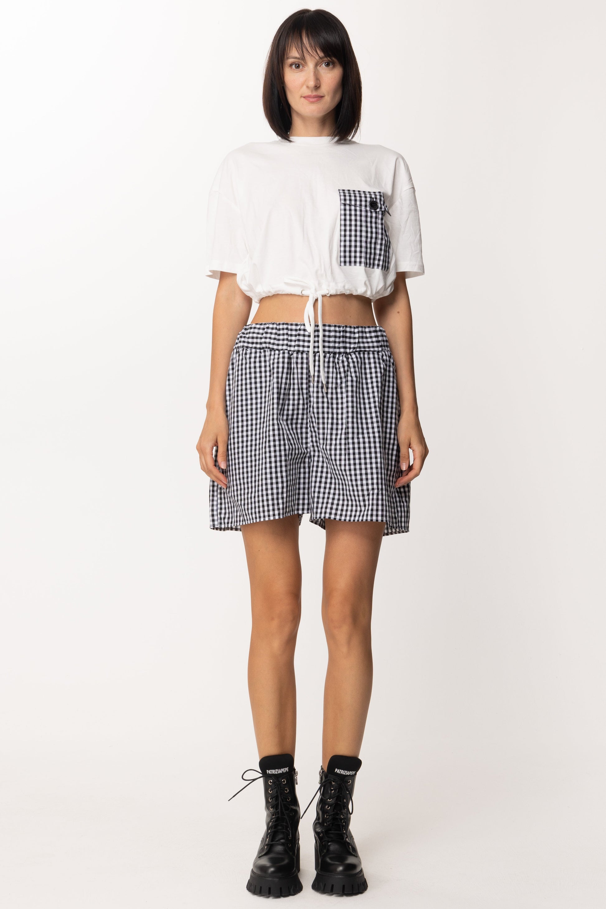 Twin-set Shorts Stampa Vichy In Popeline 221AT2444 BIC.OFF WHITE/NERO