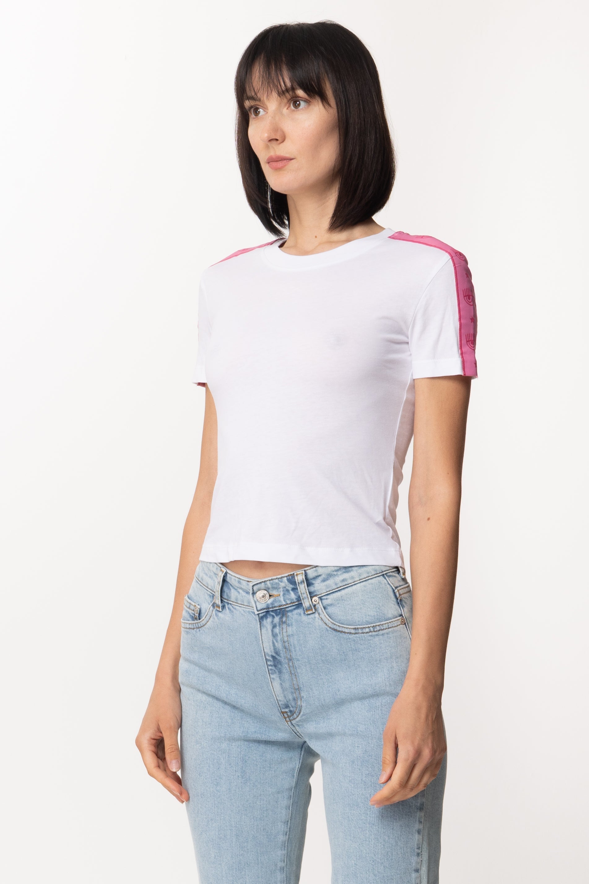 Chiara Ferragni T-shirt con Banda Logata a Contrastot-shirt with Contrasting Logo Band 72CBHT20 WHITE