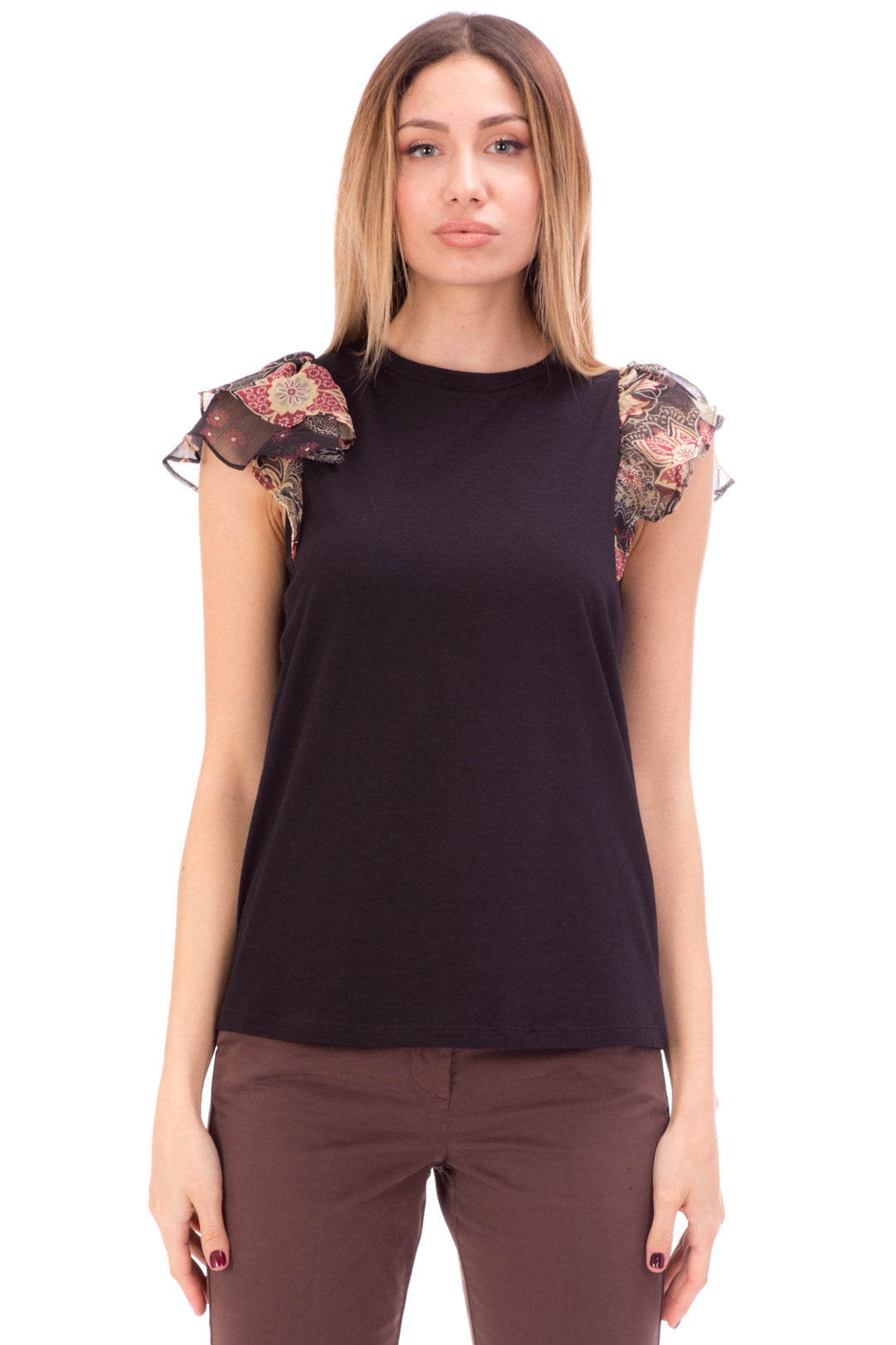 Twin-set T-shirt con Maniche a Fiori 212TP2660 BIC.ST.INDIAN FLOWER NERO/NERO