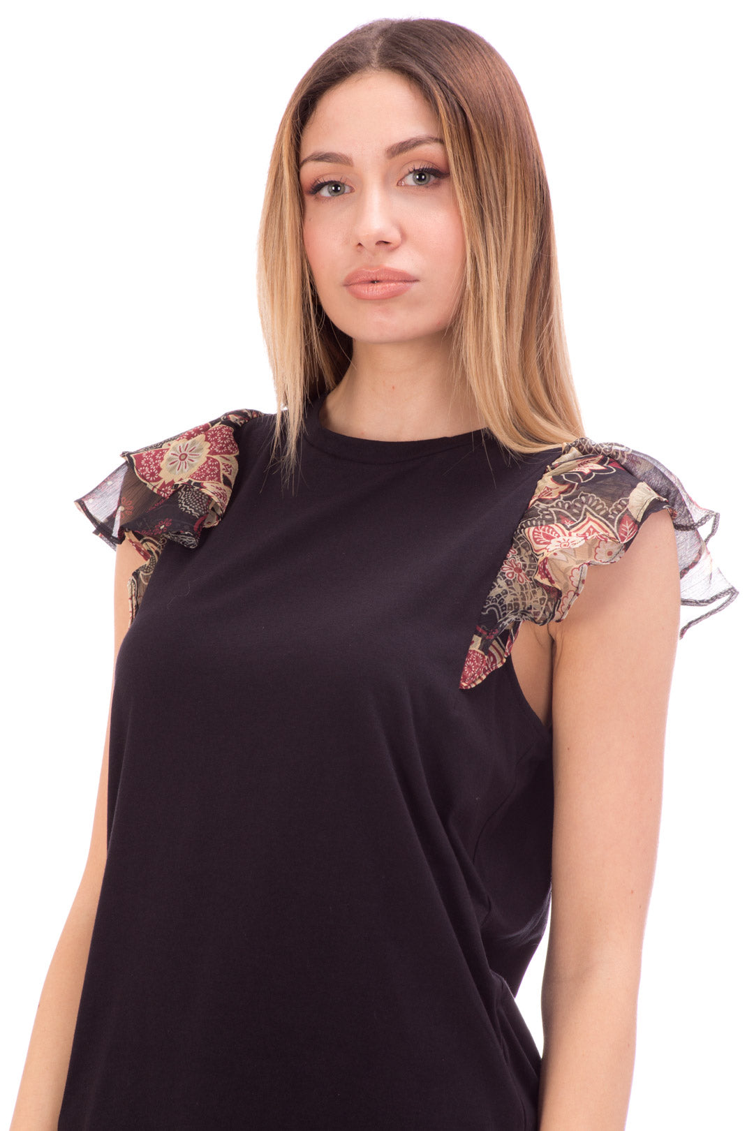 Twin-set T-shirt con Maniche a Fiori 212TP2660 BIC.ST.INDIAN FLOWER NERO/NERO