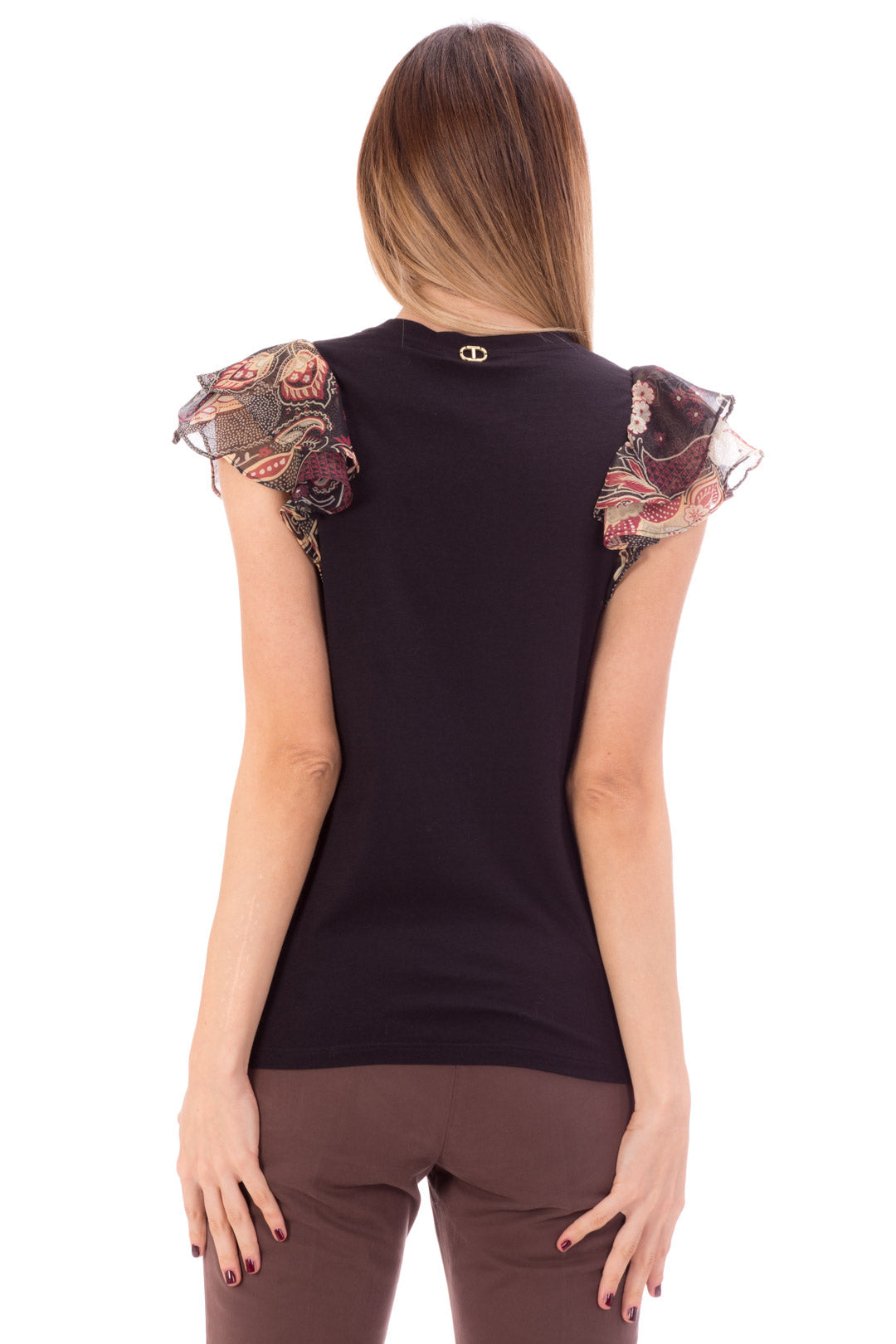 Twin-set T-shirt con Maniche a Fiori 212TP2660 BIC.ST.INDIAN FLOWER NERO/NERO