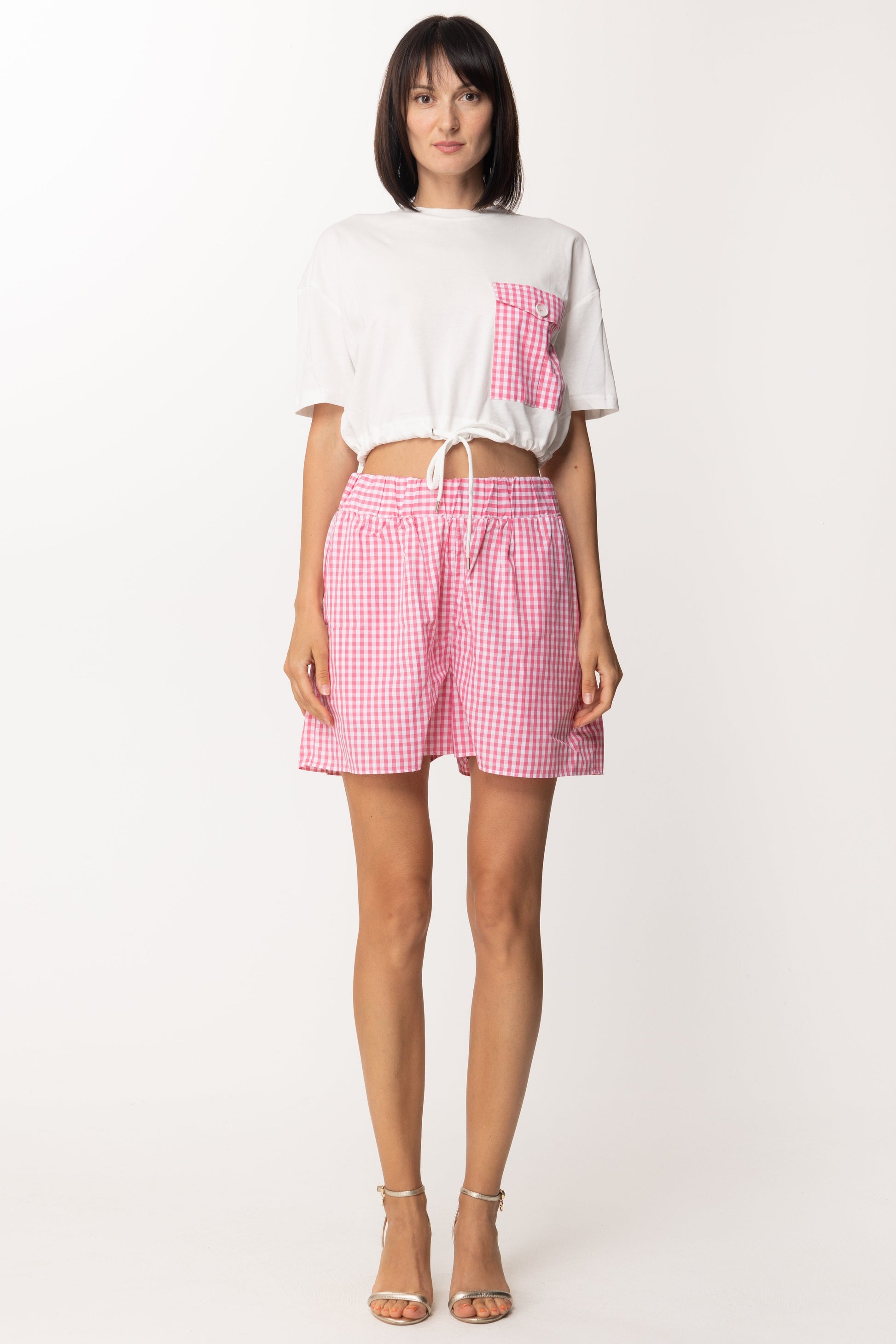 Twin-set T-shirt Crop con Coulisse e Tasca Vichy 221AT2254 BIC.OFF WHITE/HOT PINK