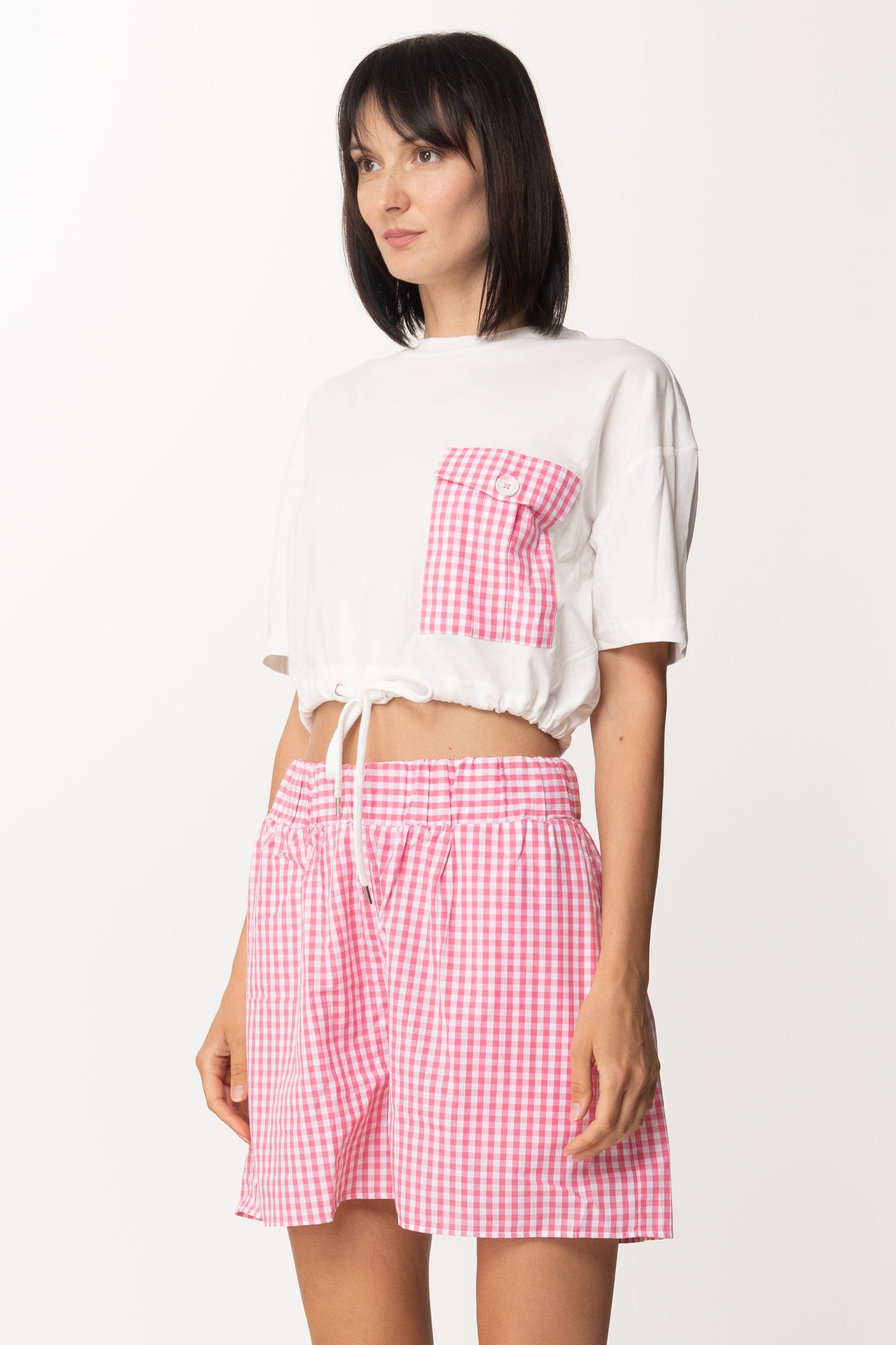 Twin-set T-shirt Crop con Coulisse e Tasca Vichy 221AT2254 BIC.OFF WHITE/HOT PINK