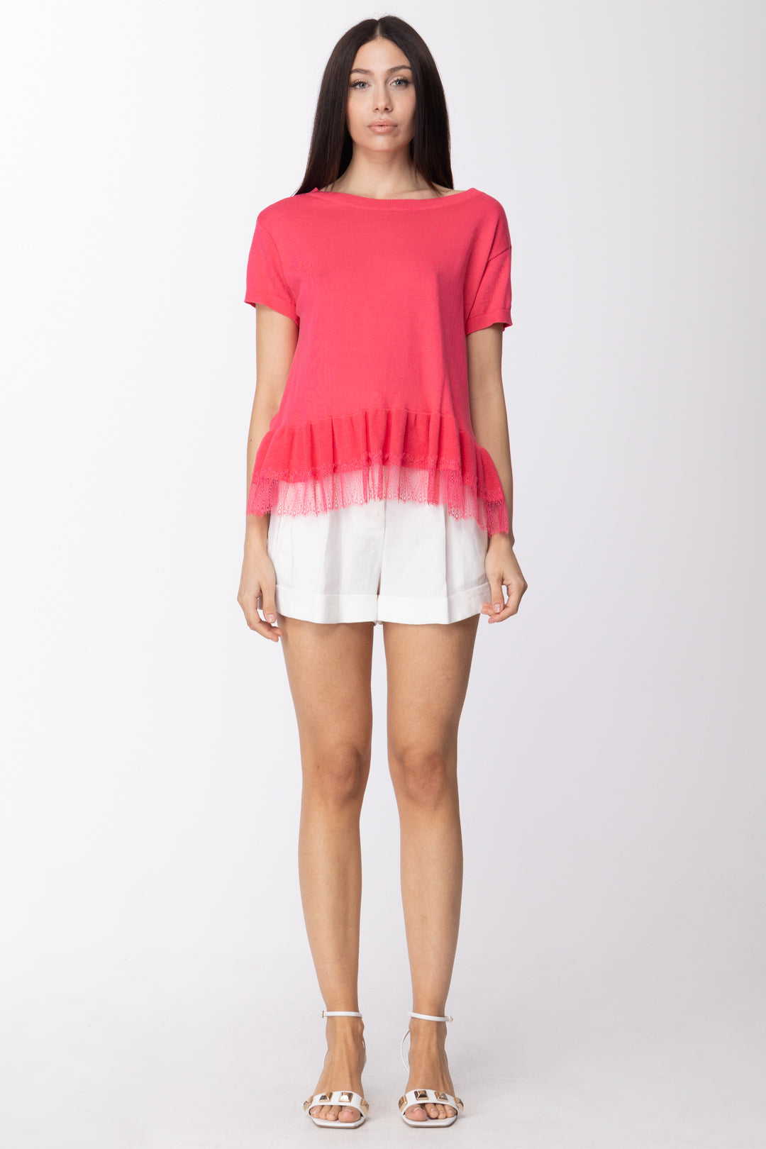 Twin-set T-shirt In Maglia con Balza In Pizzo 211TT3194 ROSA NEON