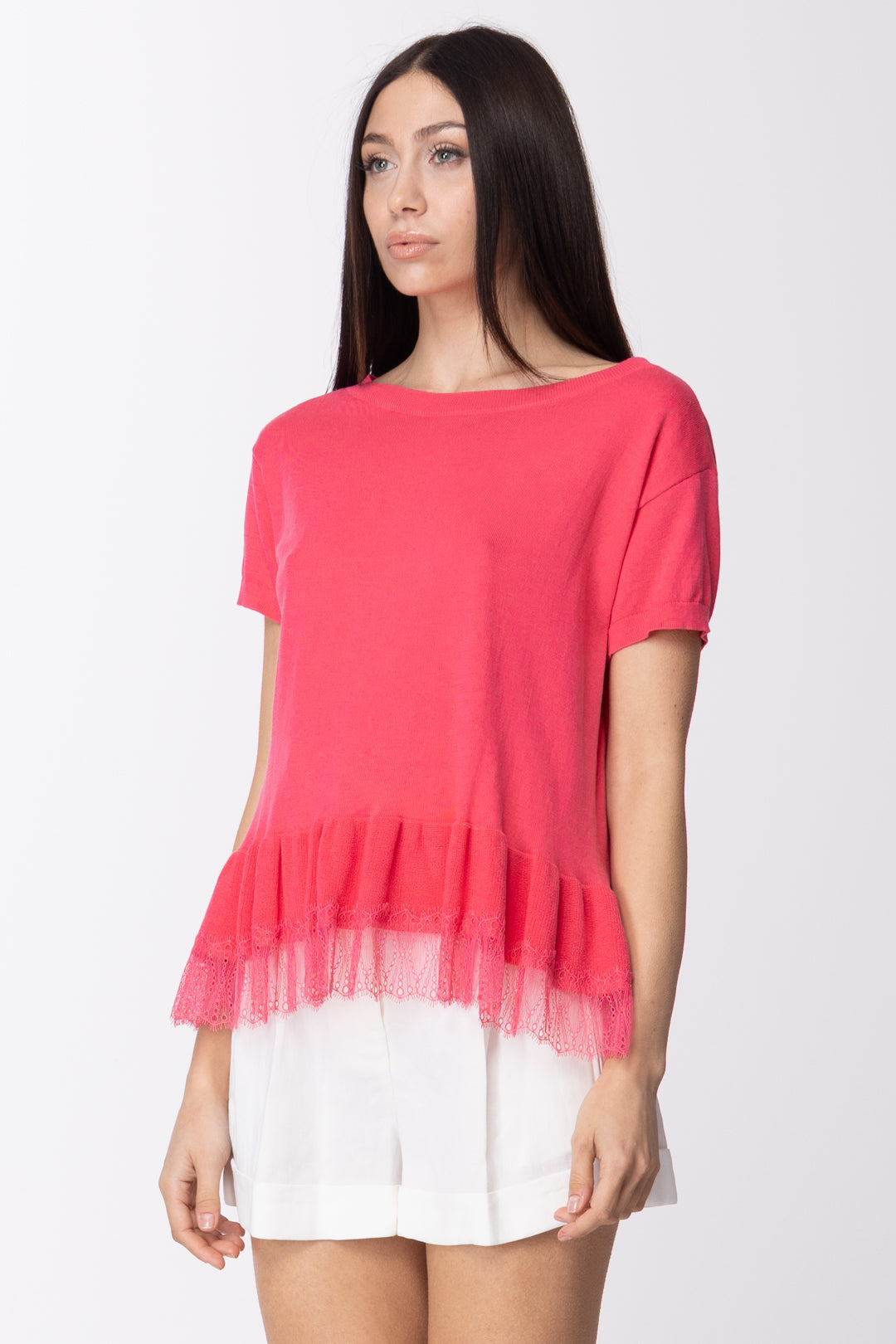 Twin-set T-shirt In Maglia con Balza In Pizzo 211TT3194 ROSA NEON