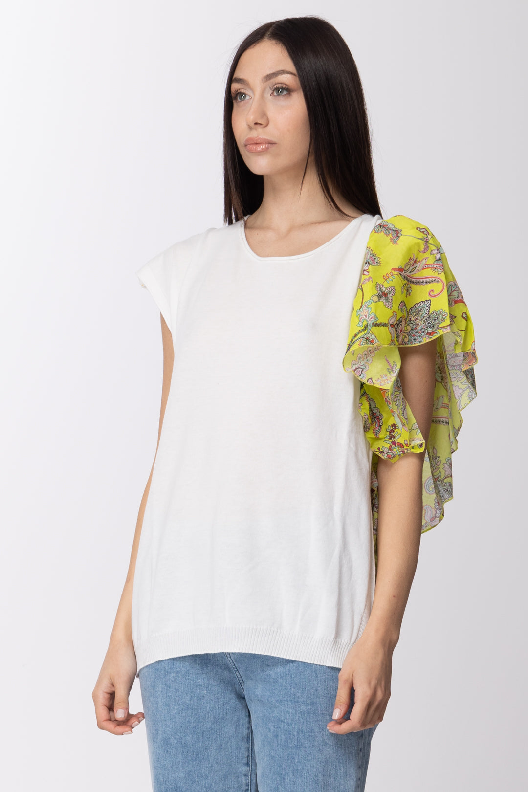 Twin-set T-shirt In Maglia con Inserto Volant Stampato 211TT3080 BIC.NEVE/ST.FIORE INDIANO GIAL