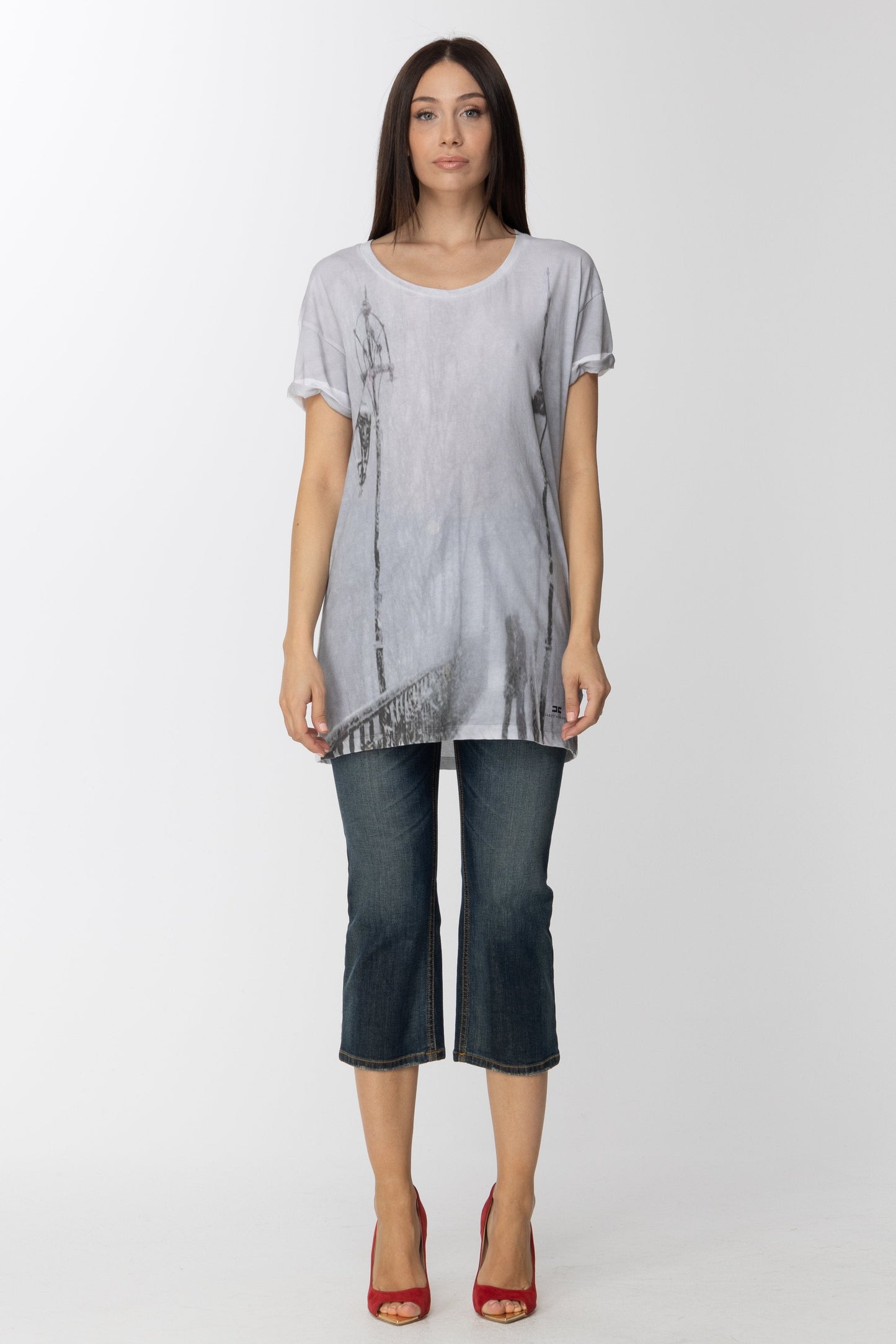 Elisabetta Franchi T Shirt Lunga con Stampa MA0769477 GESSO