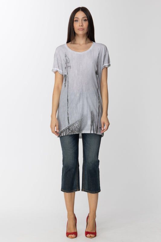 Elisabetta Franchi T Shirt Lunga con Stampa MA0769477 GESSO