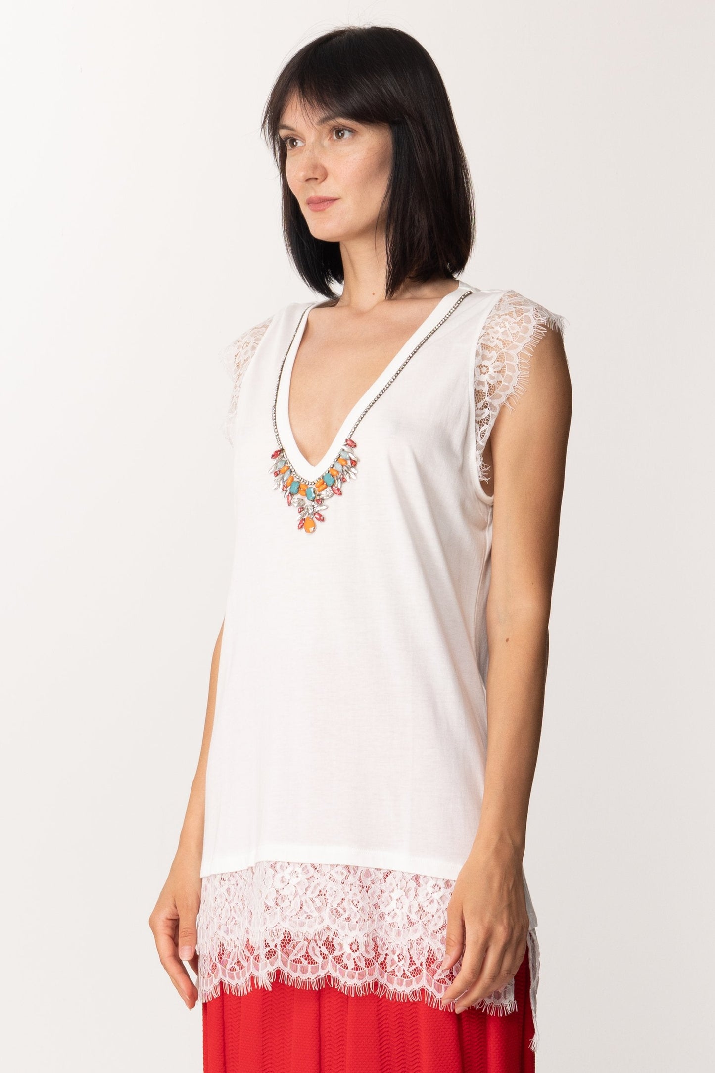 Twin-set Top con Pizzo e Colletto Gioiello 201MT232C ICE