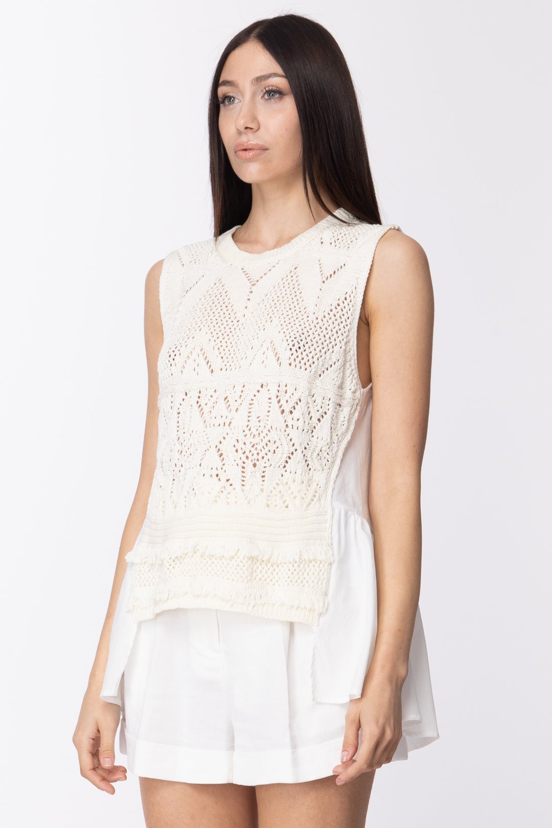 Twin-set Top Crochet con Inserto In Tessuto 211TT3111 NEVE