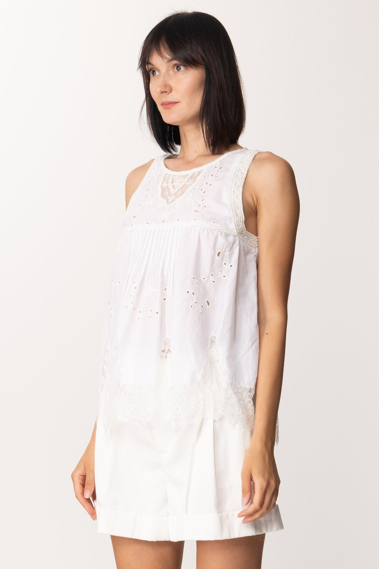 Twin-set Top In Sangallo con Ricamo Di Perline 221TT2024 BIANCO OTTICO